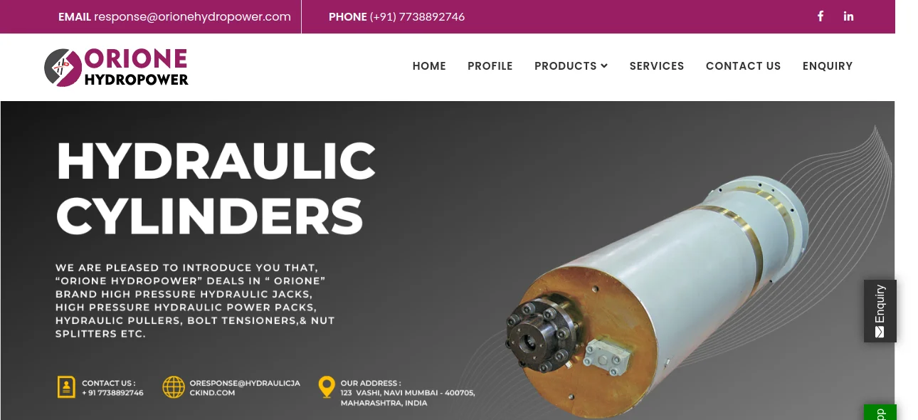 Orione Hydropower's homepage showcases their Hydraulic Jack products. The design features a clean color scheme with pink, black, and white. They provide detailed information about how these jacks are used in various industries, such as construction and shipbuilding.