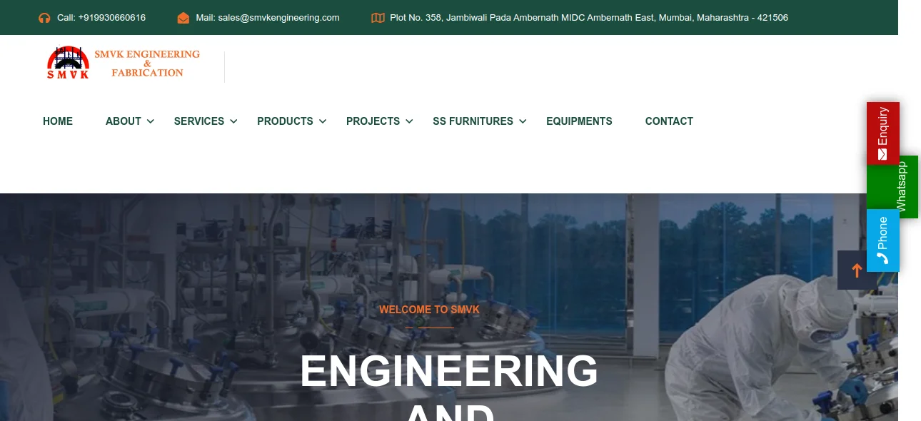 SMVK Engineering and Fabrication's homepage presents a collage of industrial services. These include constructing refinery plants, installing pipelines, erecting structural steel, and operating heavy equipment.