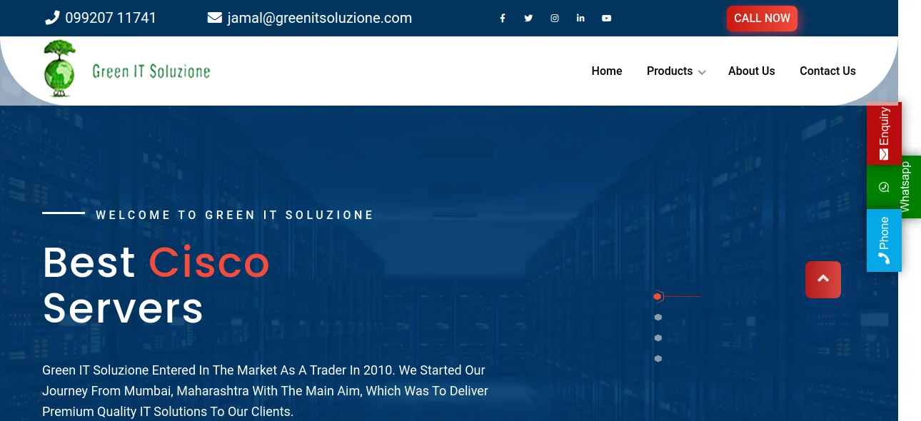 Green IT Soluzione's homepage focuses on their top-notch Cisco servers. The modern design includes a cityscape background, emphasizing networking solutions in India.